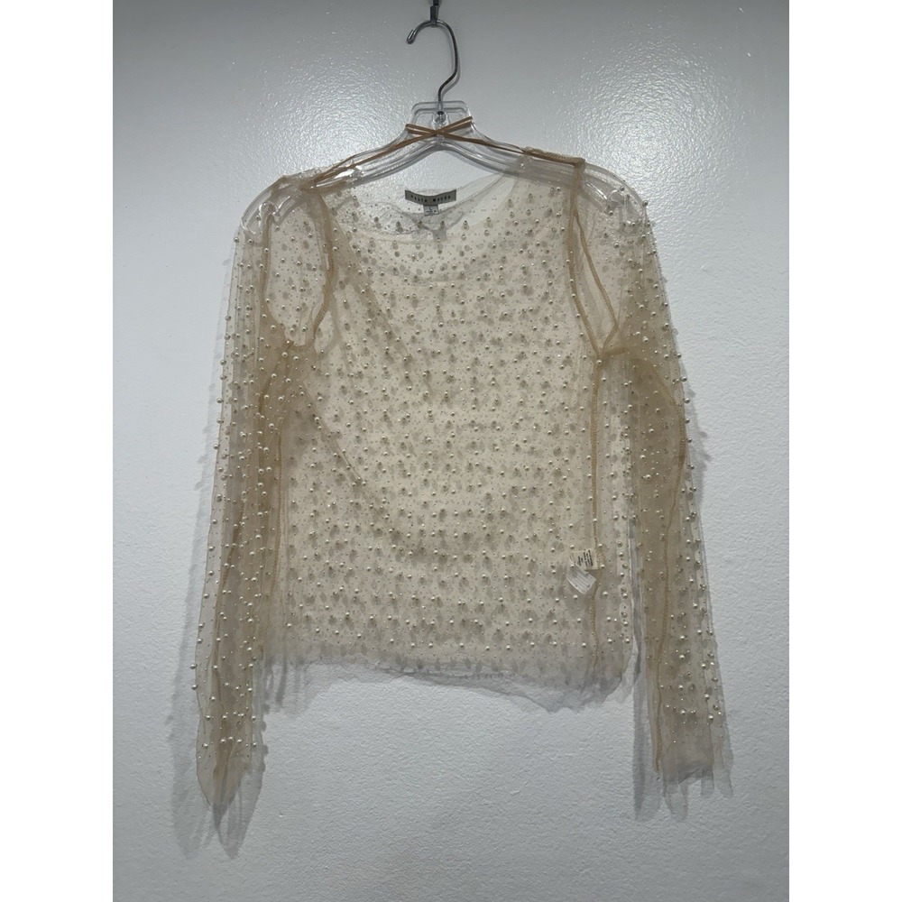 Haute Monde Pearl Beaded Embellished Mesh Sheer Long Sleeve Top Large Sexy Glam